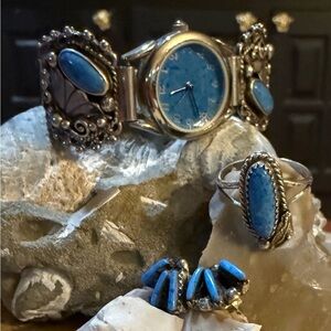 Set! Navajo, denim lapis watch/matching petit point earring set. Sterling